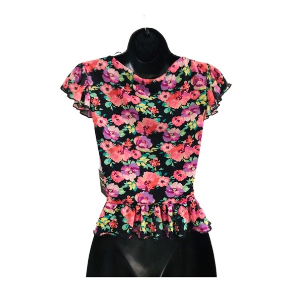 Black pink purple‎ floral peplum shirred front heart neckline blouse size large - Picture 4 of 14